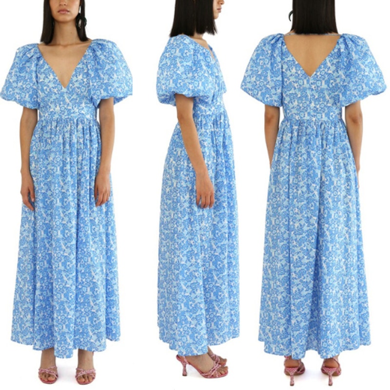 Nwt De Loreta Tuckernuck Rococo Puff Sleeve Cotton Maxi Dress Blue Small $560